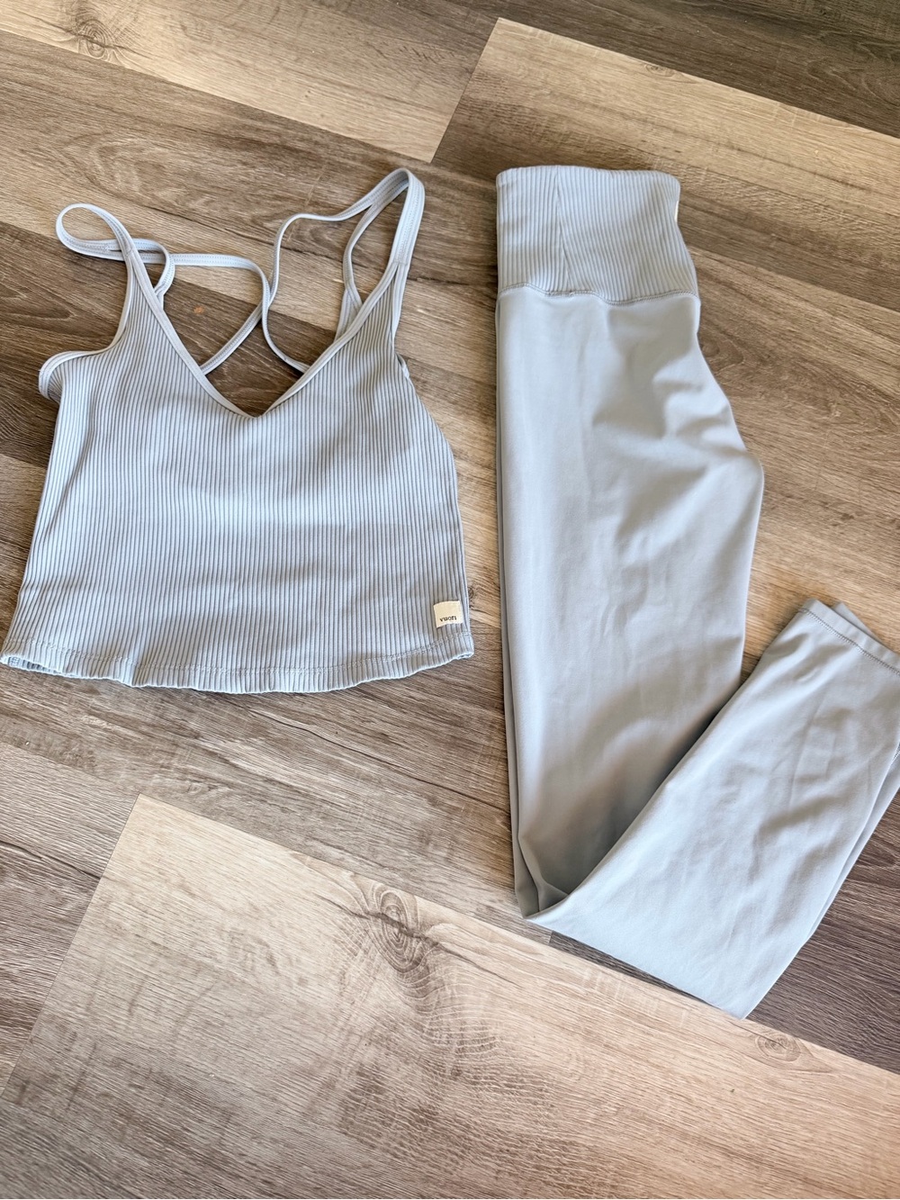 Vuori Women's Ribbed Crop Tank & Leggings Set in Light Gray